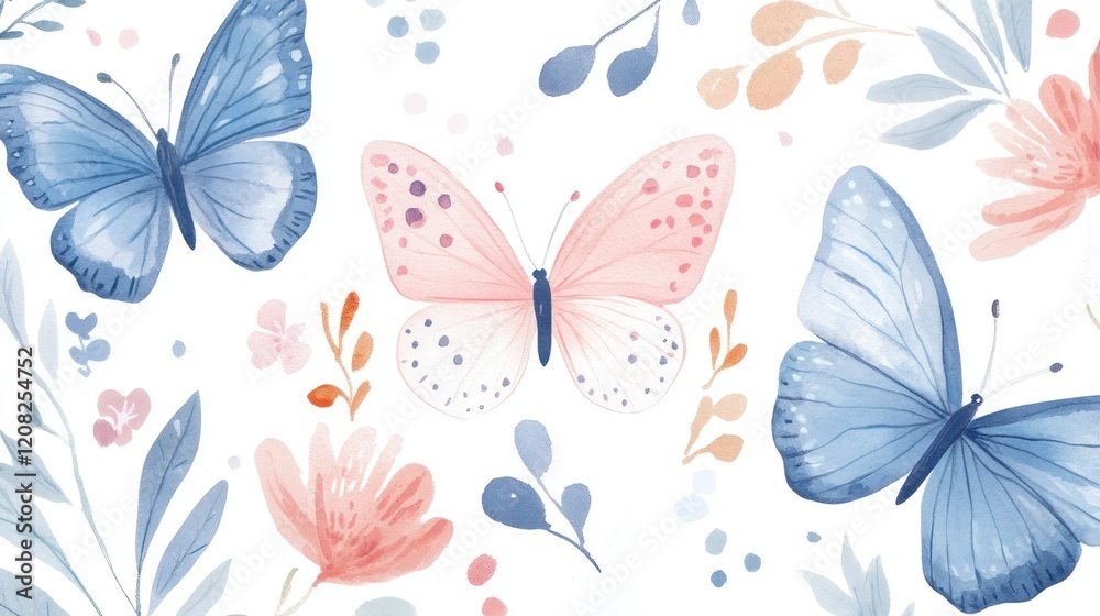 Fototapeta premium Pastel butterflies floral spring design, website header