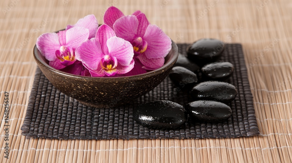 Pink orchids in a bowl with wet black stones arranged on a serene mat for a calming spa or wellness setting. Pink orchids in a bowl with wet black stones arranged on a serene mat for a calming spa or wellness setting.