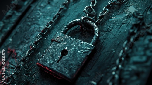 Rusty padlock secured with a heavy chain on a textured surface symbolizing security and protection in a moody atmospheric setting