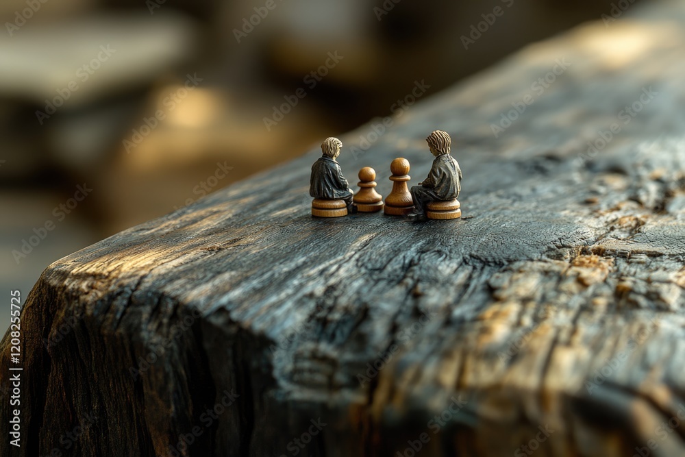 Miniature chess pieces, resembling people, sit on weathered wood, creating a scene of contemplation or negotiation. Miniature chess pieces, resembling people, sit on weathered wood, creating a scene of contemplation or negotiation.