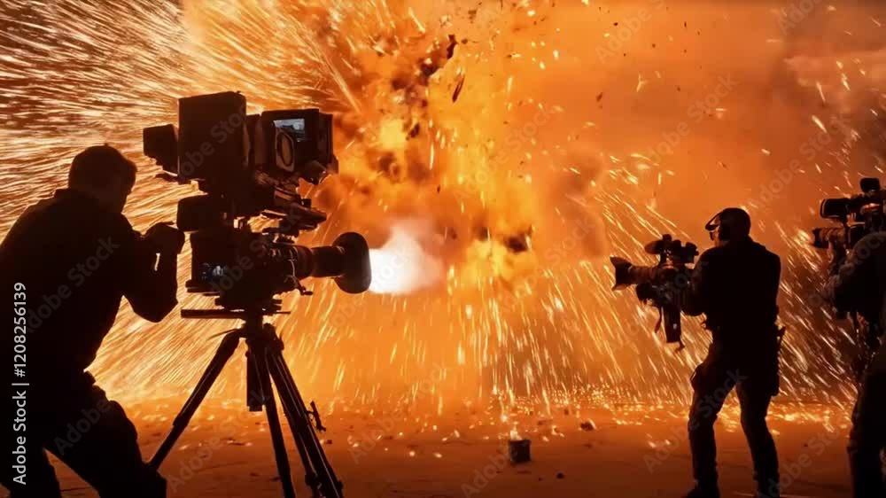 Scene of behind-the-scenes explosion scene of movie making video, smooth repeating motion for background video animation.