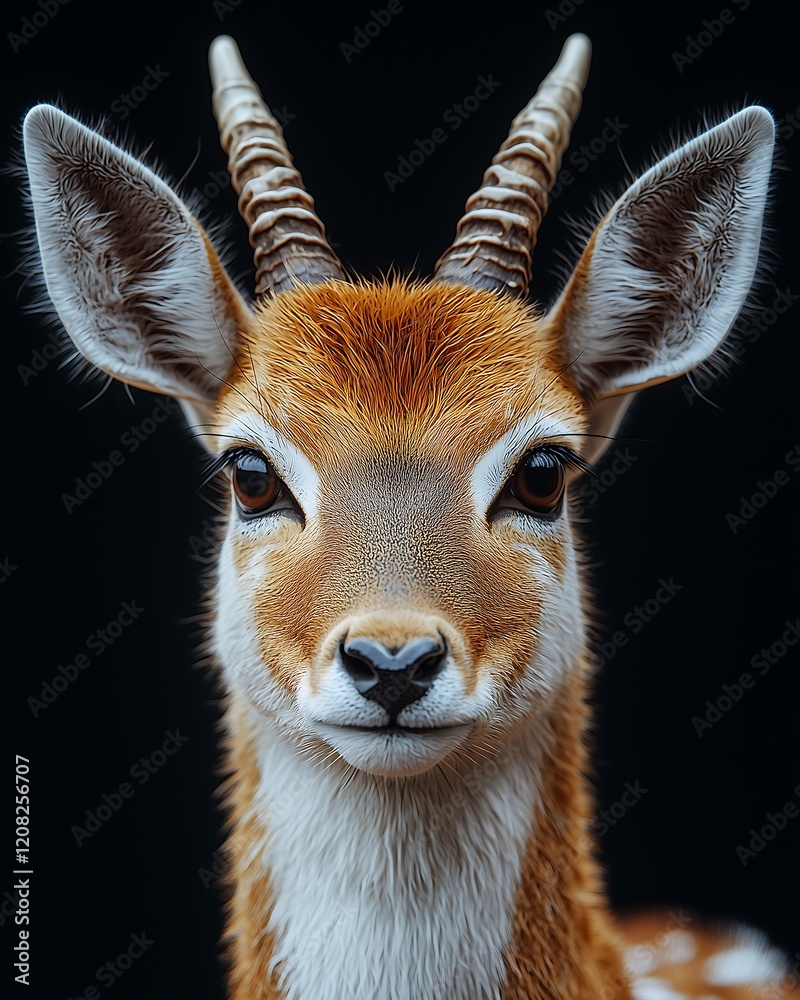 Fototapeta premium portrait of an antelope with smooth, short fur in warm shades of brown, beige, and white, shown in close-up against a black background that highlights its elegance and calm demeanor