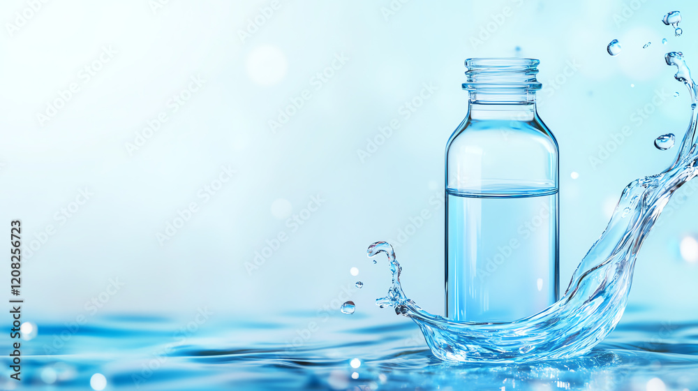 A fresh bottle of water splashing in clear blue liquid, symbolizing hydration and vitality. A fresh bottle of water splashing in clear blue liquid, symbolizing hydration and vitality.