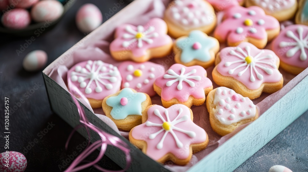 Homemade Easter sugar cookies decorated with pastel icing in a festive box on a spring celebration backdrop with space for text Homemade Easter sugar cookies decorated with pastel icing in a festive box on a spring celebration backdrop with space for text