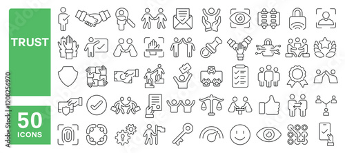 Set of 50 line icons related to trust, reliance, honest, safe, trustworthy, confidence, loyal, responsibility, integrity, credibility, handshake, Editable stroke. Vector illustration