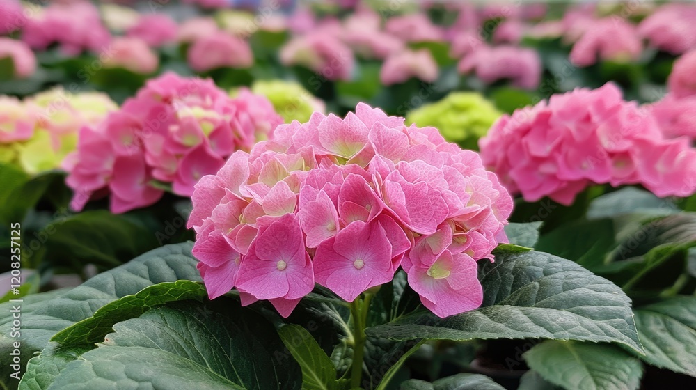 Close up of delicate pink hydrangea flowers in a vibrant floral background showcasing nature's beauty in full bloom Close up of delicate pink hydrangea flowers in a vibrant floral background showcasing nature's beauty in full bloom