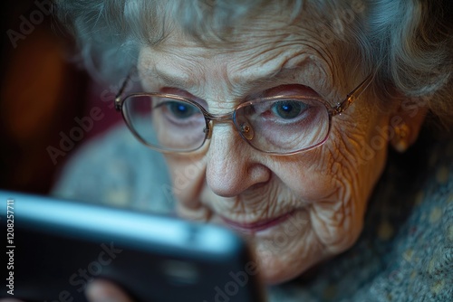 Elderly Woman Engaged with Technology on Tablet: Close-Up Portrait Capturing Concentration and Expression photo