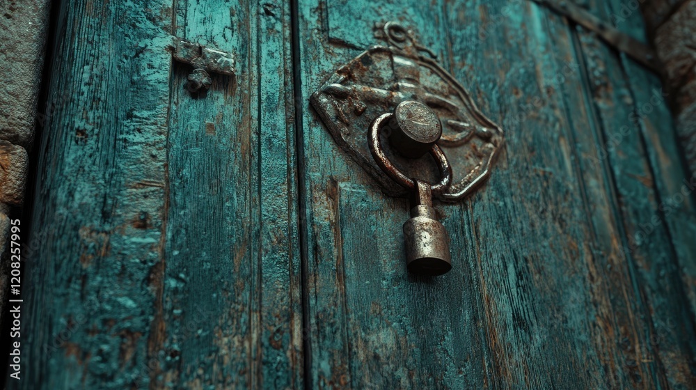 Weathered padlock on a rustic wooden door showcasing vintage textures and craftsmanship in a charming historical setting Weathered padlock on a rustic wooden door showcasing vintage textures and craftsmanship in a charming historical setting