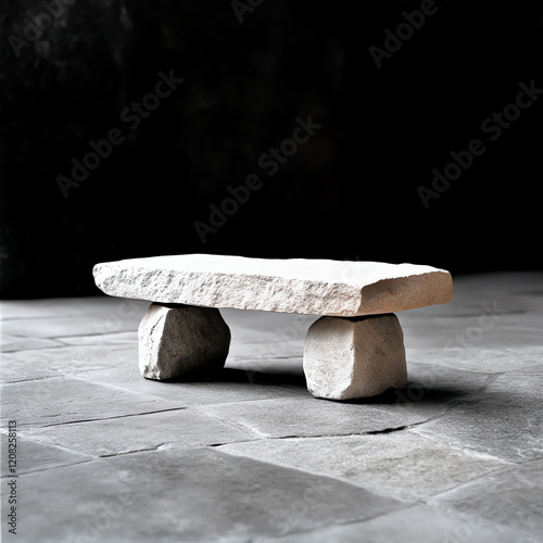 A minimalist stone bench sits elegantly on a textured floor, showcasing the beauty of natural materials in modern design. photo