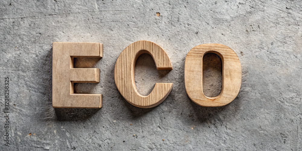 Wooden letters spelling 'ECO' are arranged on a rough, gray surface. The natural colors highlight themes of sustainability and environmental consciousness Wooden letters spelling 'ECO' are arranged on a rough, gray surface. The natural colors highlight themes of sustainability and environmental consciousness