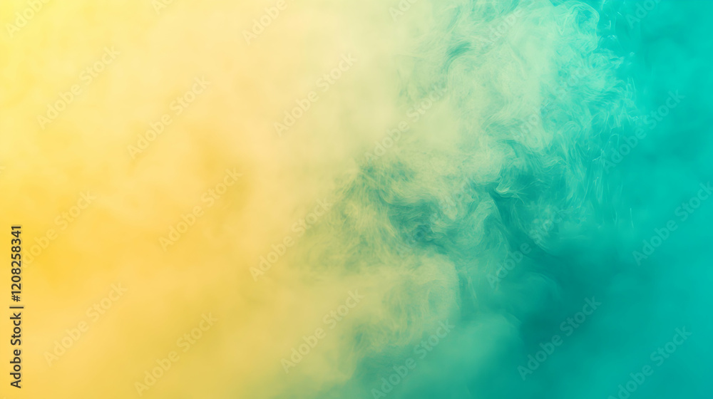 Fototapeta premium Mist creating intricate patterns against a solid pastel yellow and teal background, brightly lit for sharp focus