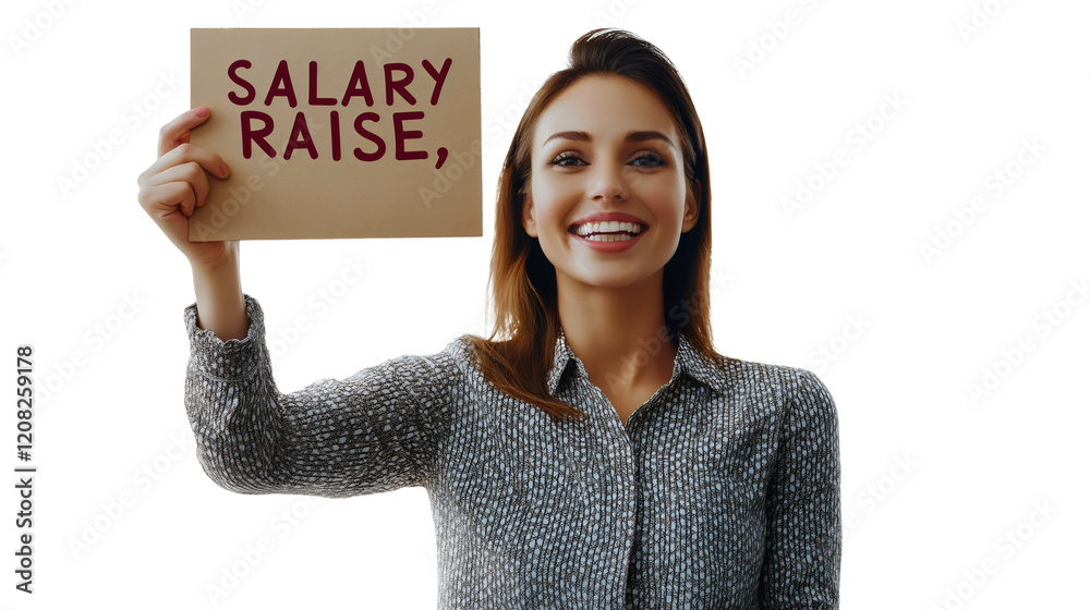 Smiling woman holding a sign celebrating a salary raise, embodying career success, confidence, and empowerment in the workplace, with a focus on professional growth and job satisfaction Smiling woman holding a sign celebrating a salary raise, embodying career success, confidence, and empowerment in the workplace, with a focus on professional growth and job satisfaction