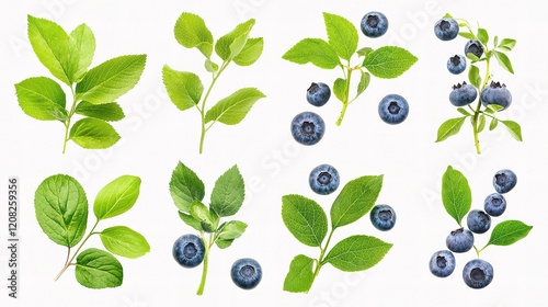 Fresh Green Leaves and Blueberries Isolated on White Background