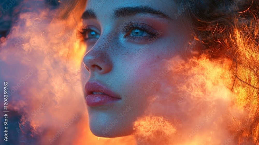 Woman gazing into glowing clouds of fire Woman gazing into glowing clouds of fire
