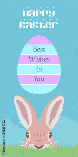 Happy Ester card with easter rabbit (easter bunny) and egg with text.  Abstract, simple, cartoon, flat vector illustration, card.