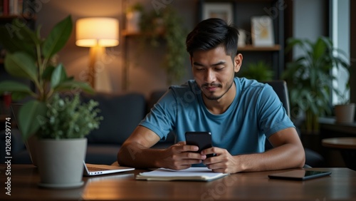 The image shows a young man sitting at a wooden table in a living room. He is wearing a blue t-shirt and has a laptop and a plant on the table in front of him.