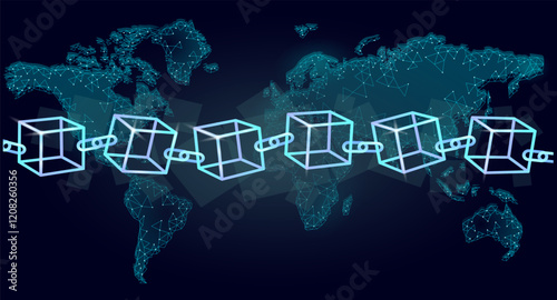 Blockchain cube chain symbol square code. Big data international flow. Blue neon glowing planet Earth map. Cryptocurrency finance bitcoin business concept vector illustration template