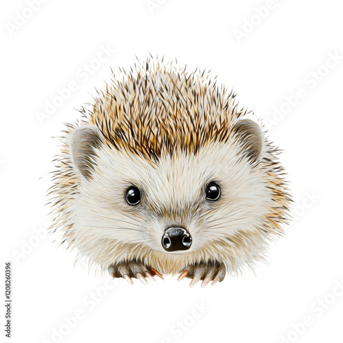 Hand-drawn cartoon style portrait of an adorable European hedgehog with spikes and a furry brown body, showcasing its solitary, nocturnal nature as a whimsical forest creature
