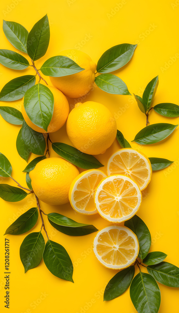 Creative background with fresh lemons and green leaves on bright yellow background. Top view flat lay copy space. Lemon fruit citrus minimal concept vitamin C. Composition with whole, slices of lemo Creative background with fresh lemons and green leaves on bright yellow background. Top view flat lay copy space. Lemon fruit citrus minimal concept vitamin C. Composition with whole, slices of lemo
