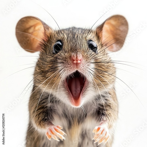 Funny shocked mouse with open mouth on white background. Big discounts, surprise, news, lottery concept. Generated AI