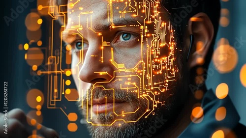 Portrait of a man with a digital overlay, reflecting on technology and its impact, showcasing futuristic elements and intricate circuitry details