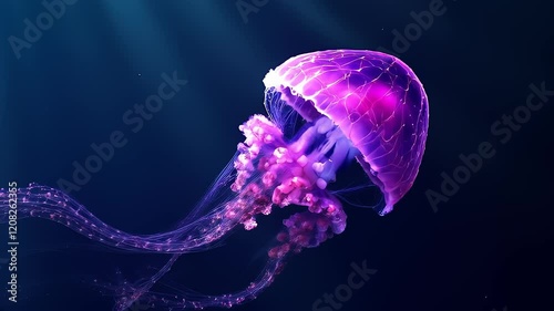 A luminescent purple jellyfish drifts in the deep blue of the ocean depths gracefully