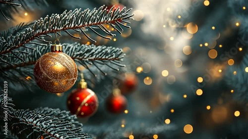 Christmas tree decorations with sparkling baubles and glowing lights create a festive atmosphere during the winter holiday season