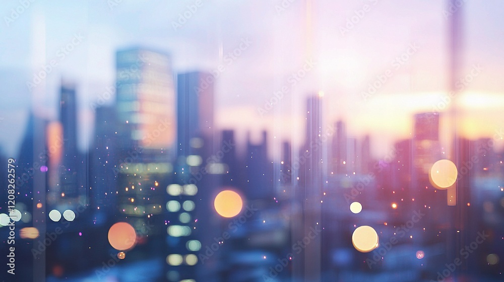 Obraz premium Blurred Modern Office Workspace in Morning Light with City View