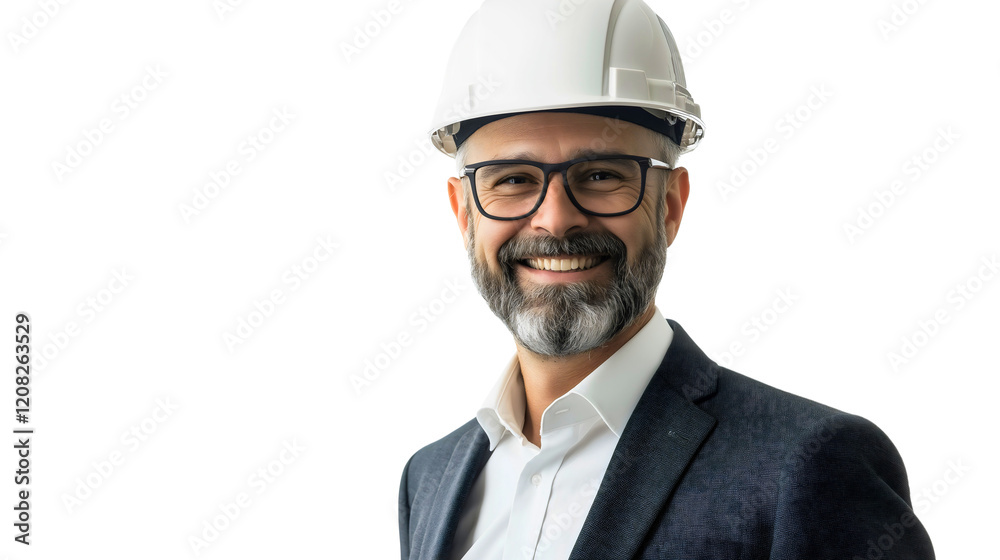 Smiling construction worker in a business suit and safety helmet, exuding confidence and professionalism in a modern corporate setting, capturing a successful and well-rounded career portrait Smiling construction worker in a business suit and safety helmet, exuding confidence and professionalism in a modern corporate setting, capturing a successful and well-rounded career portrait