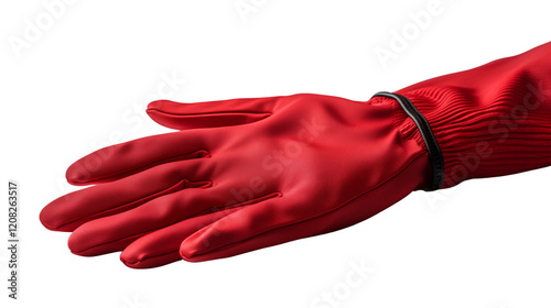 A single red work glove on a metal surface, emphasizing its ruggedness and utility, studio view, isolated on transparent background. photo