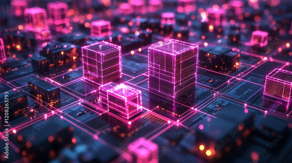 Fototapeta premium Exploring a decentralized blockchain network represented by glowing cubes at night