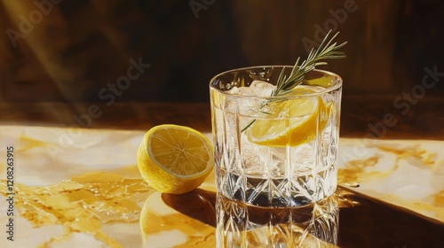 Flat lay of gin and tonic with lemon and rosemary in crystal glass on the white background