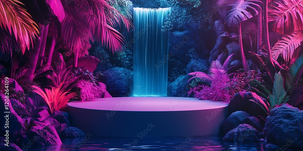 Fototapeta premium Mystical waterfall and vibrant jungle scene illuminated by colorful lighting : Generative AI