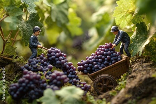 Miniature grape harvesters gather ripe, dark purple grapes into a wooden cart amidst lush vineyard foliage.