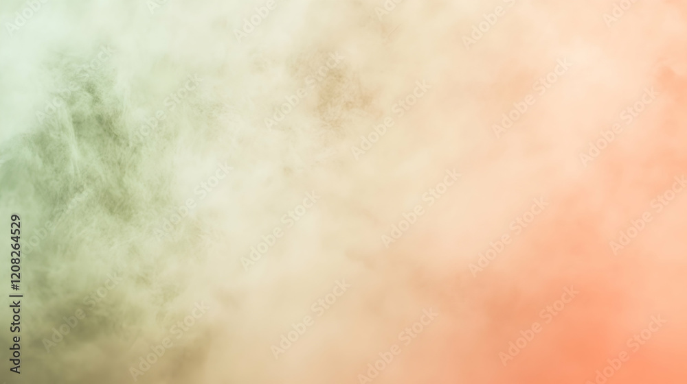 Fototapeta premium Thin mist dispersing subtly into a gradient light olive and coral backdrop, evenly lit to highlight motion