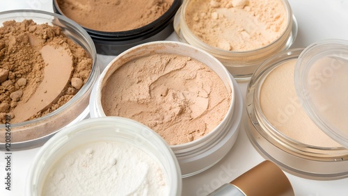 A collection of various pressed powder foundations in different shades. The powders are arranged in a visually appealing way on a clean background. photo