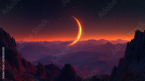 Crescent moon rising over alien mountain landscape at sunset