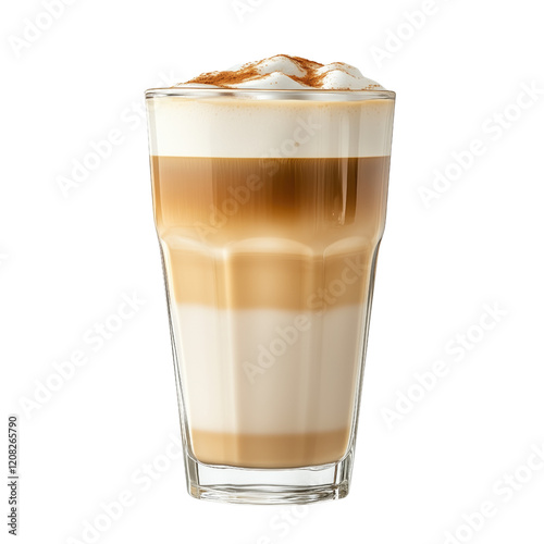 latte macchiato in tall clear glass isolated on white or transparent background
