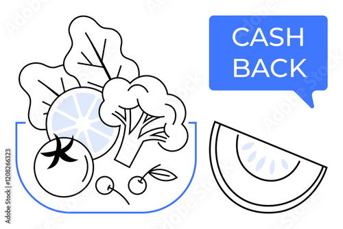 Bowl of vegetables including tomato, broccoli, cherry tomatoes, leafy greens, with a speech bubble saying Cash Back. Ideal for healthy eating, nutrition, savings, discounts marketing promotions