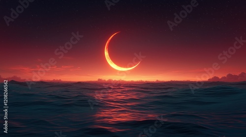 Crimson crescent moonset over ocean waves, night sky photo