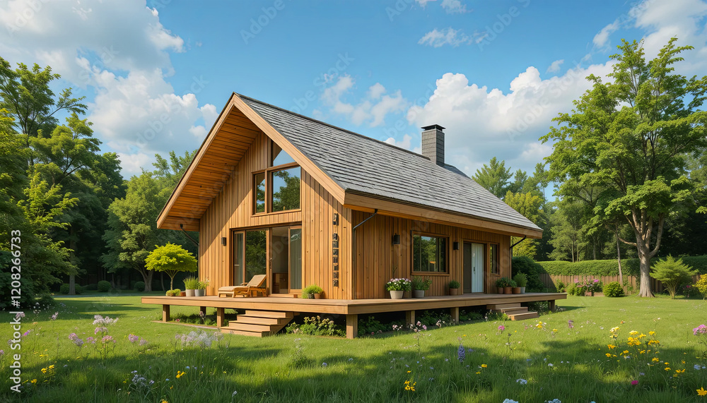 Obraz premium A beautifully designed wooden house with large windows and a spacious deck is nestled in a vibrant green landscape, under a clear blue sky with fluffy clouds