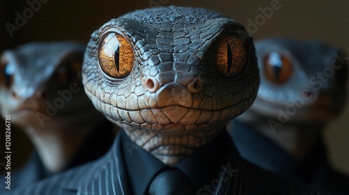 corporate cobra portrait in charcoal pinstripe suit and tie scales gleaming under studio lighting satirical anthropomorphic photography