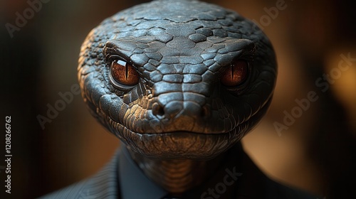 corporate cobra portrait in charcoal pinstripe suit and tie scales gleaming under studio lighting satirical anthropomorphic photography