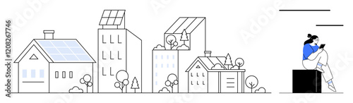 Solar-paneled buildings and houses indicating sustainable living. Person using smartphone, symbolizing modern connectivity. Ideal for renewable energy, sustainable living, technology, urban