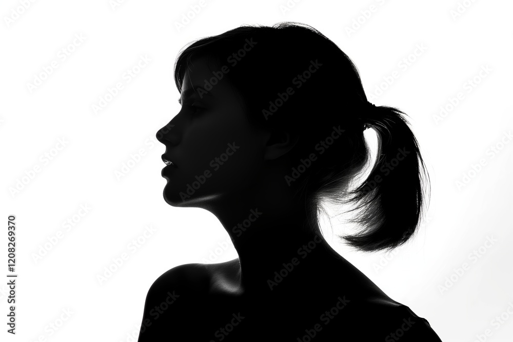 Silhouette of a woman with a ponytail in profile against a white background Silhouette of a woman with a ponytail in profile against a white background