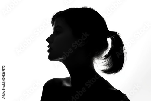 Silhouette of a woman with a ponytail in profile against a white background