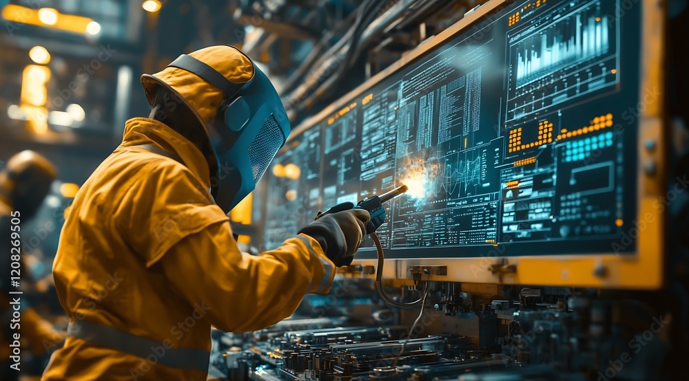 Industrial Worker in Protective Gear with Advanced Technology and Robotic Welding : Generative AI Industrial Worker in Protective Gear with Advanced Technology and Robotic Welding : Generative AI