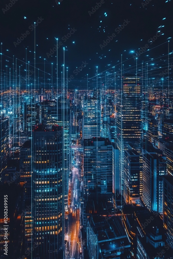 Naklejka premium Futuristic cityscape at night with digital data streams and illuminated skyscrapers