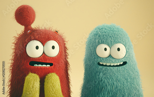 Two cartoon monsters with big eyes and big smiles full of teeth. Imitation of a painted picture. Illustration for banner, poster, cover, brochure or presentation.