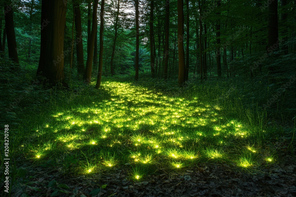 Obraz premium Glowing lights illuminate a forest path at night